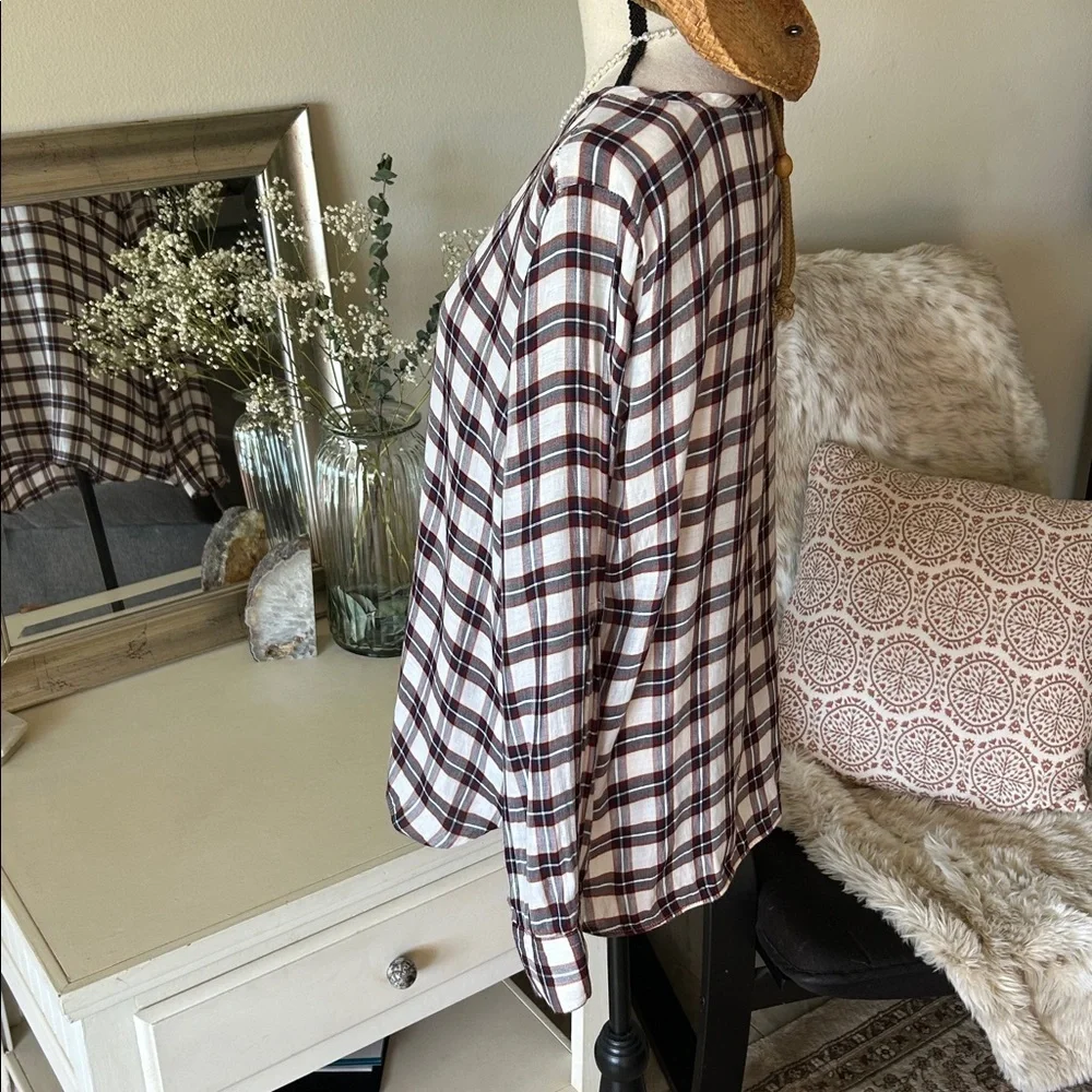 Ann Taylor loft white navy maroon plaid long sleeve boxy sheer blouse top M​​ - Picture 5 of 11